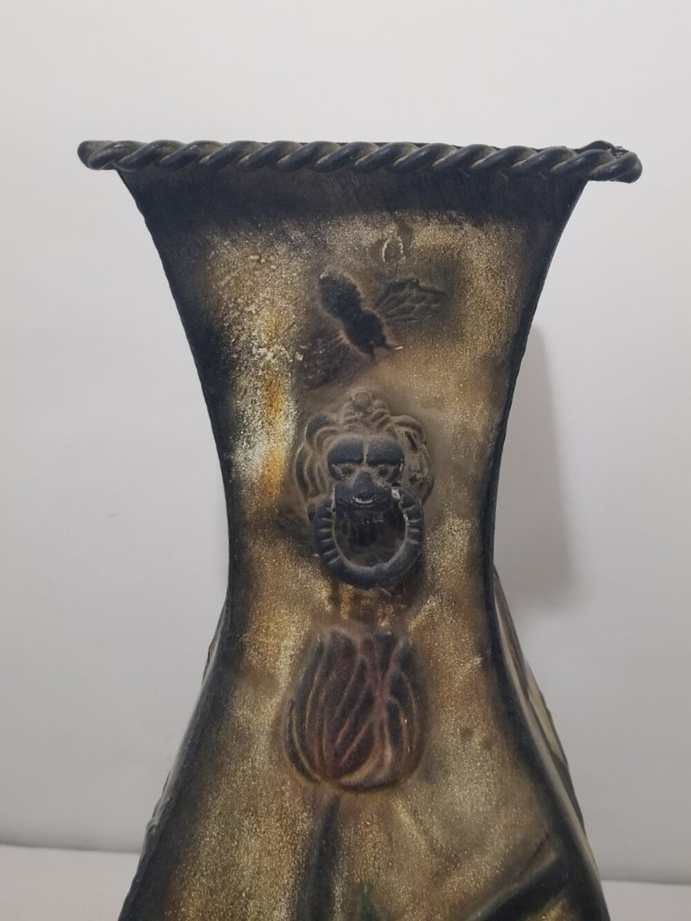 Metal Decorative Hammered Vase Bee Flower 16.5"x6.5" Gold Red Green Brown - Picture 3 of 16